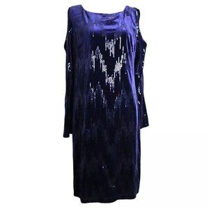 NWT Jessica Howard Blue Velvet Cocktail Dress Evening Sequin Cold Shoulder